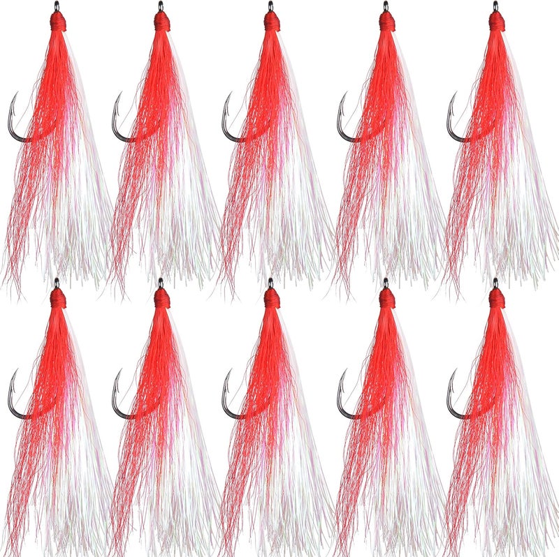 FUSIGO Bucktail Teasers Fishing Hooks Saltwater, 10pcs Fishing Teaser Lures Crystal Mylar Flash Teasers Jig Hooks for Flounder Salmon Trout Striped Sea Bass Bluefish - Image 1